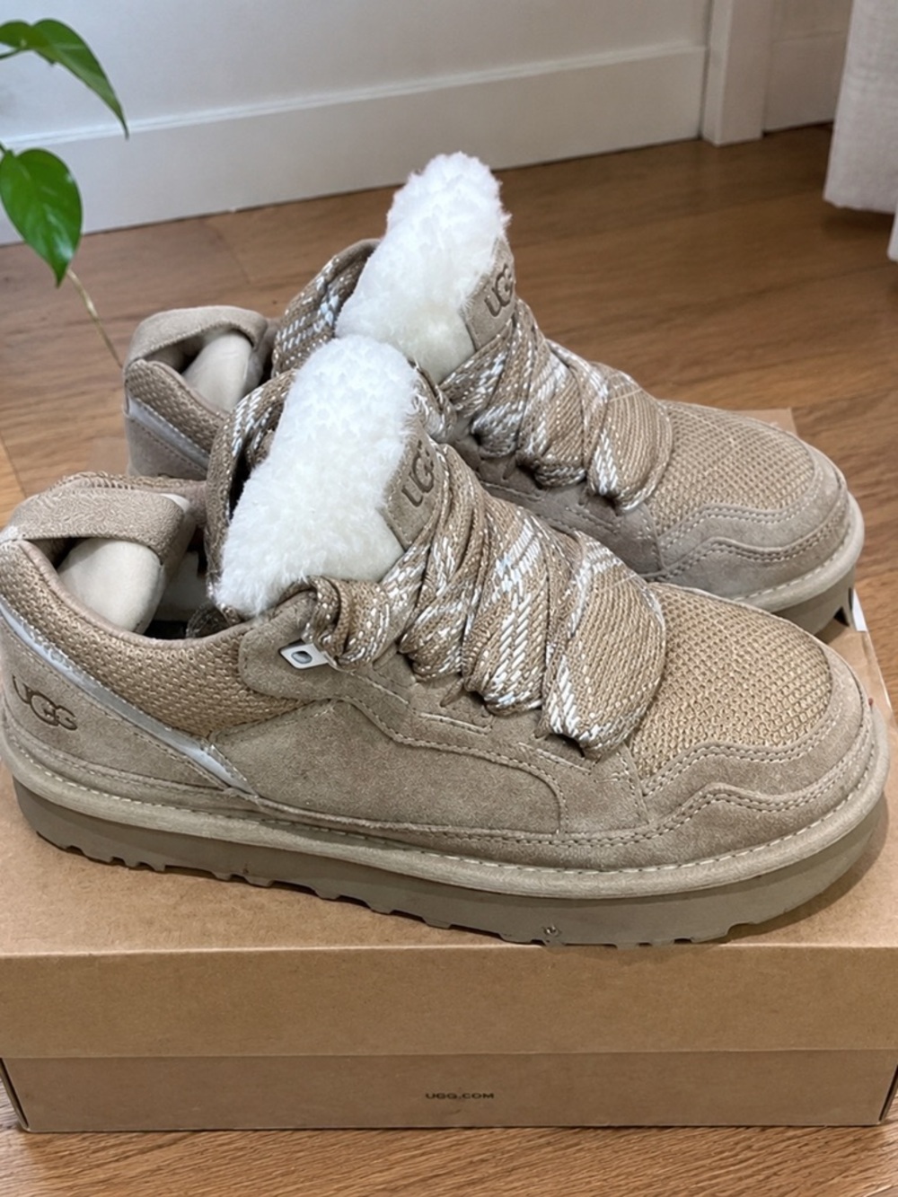 UGG Women's Beige Suede Lace-Up Sneakers with Sherpa Tongue